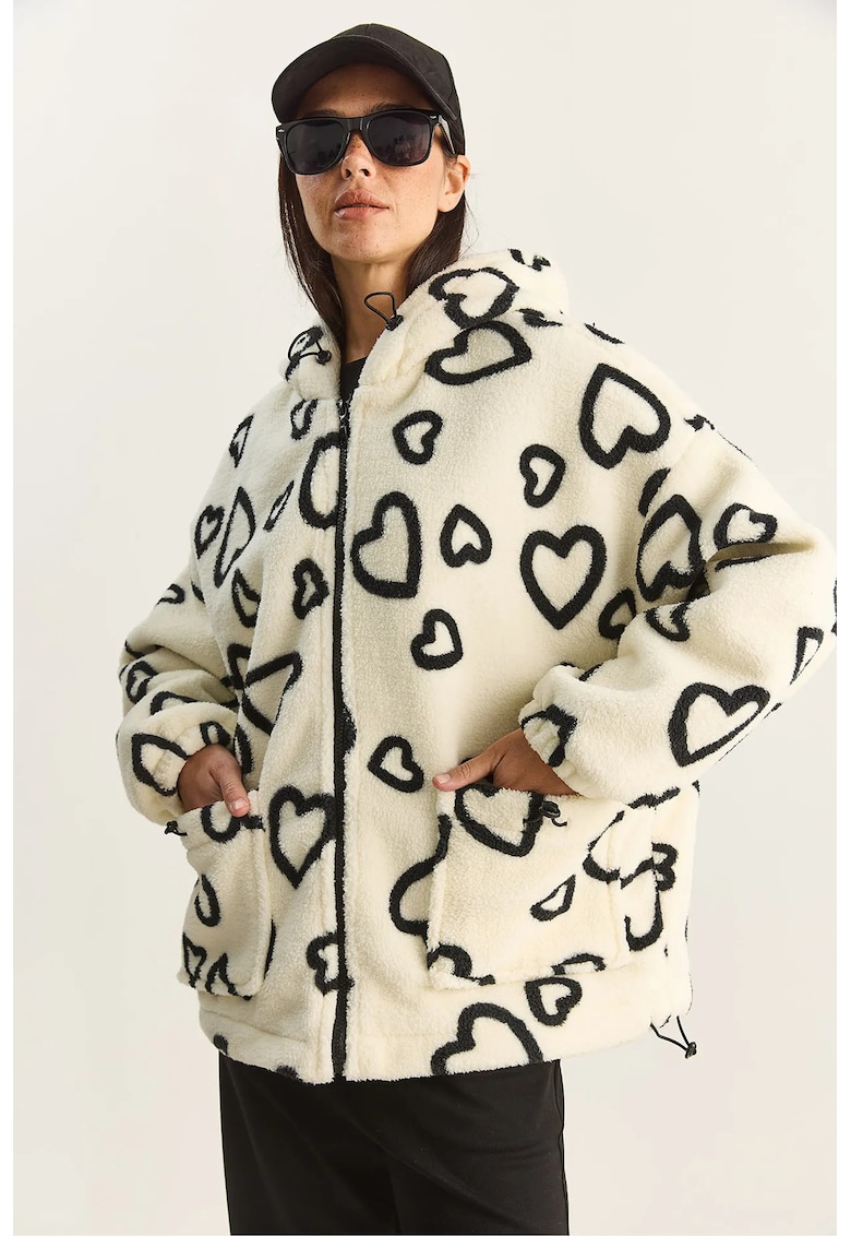 Geaca dama - supradimensionata - cu gluga - textil - bej/negru -