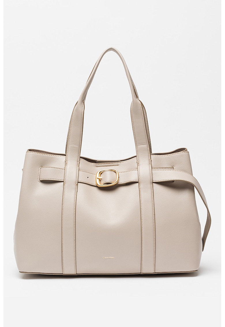 Geanta de piele ecologica cu maner si catarama decorativa - Maro taupe deschis