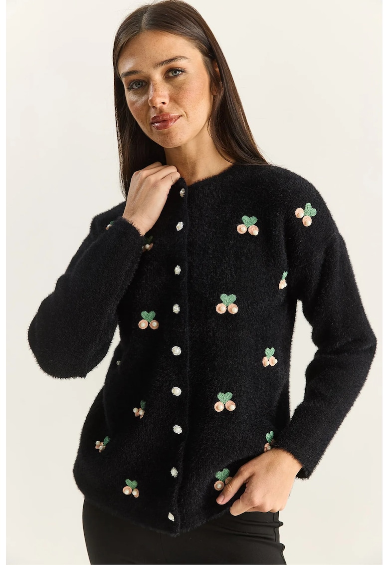 Cardigan brodat - negru - tricot - One Size