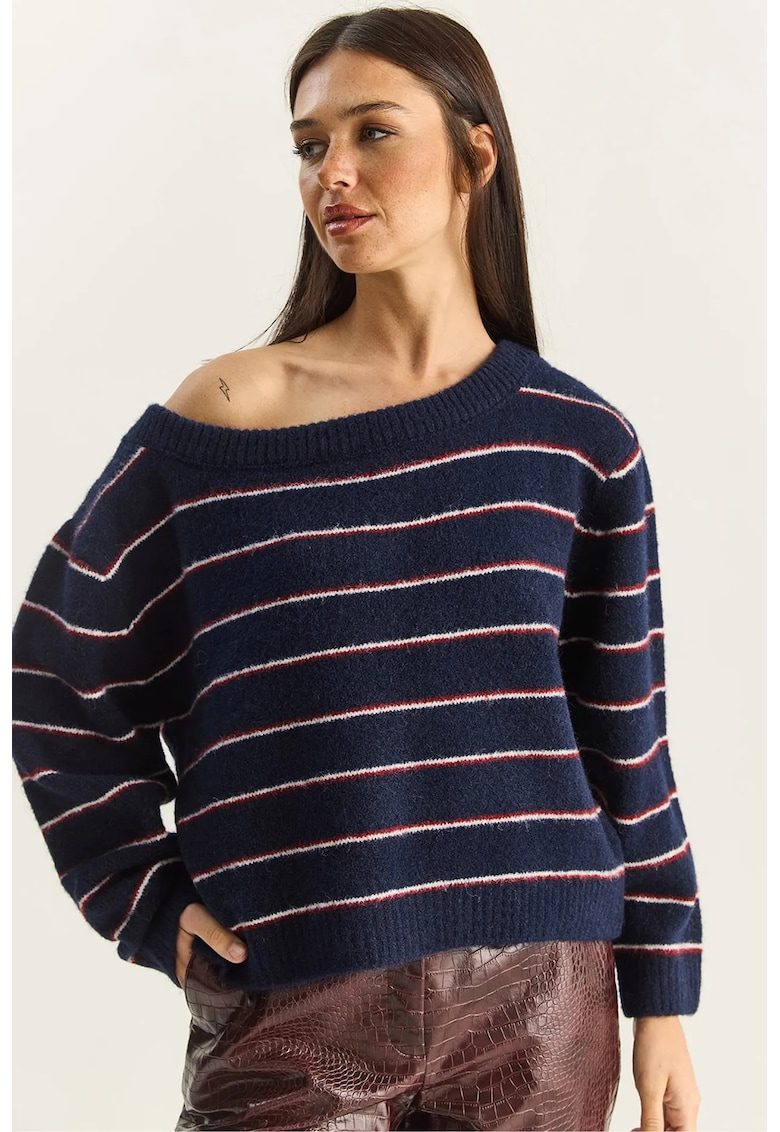 Pulover dama - tricotat supradimensionat - dungi - guler asimetric - albastru - tricot - One Size