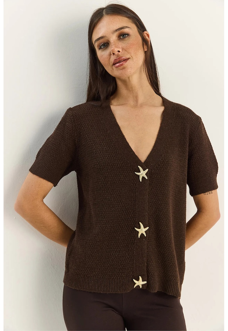 Pulover dama - cardigan cu decolteu in V - detalii nasturi - maro - tricot -