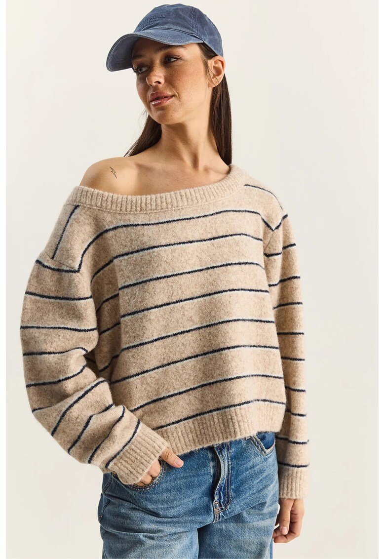 Pulover dama - tricotat supradimensionat - dungi - guler asimetric - natural - One Size