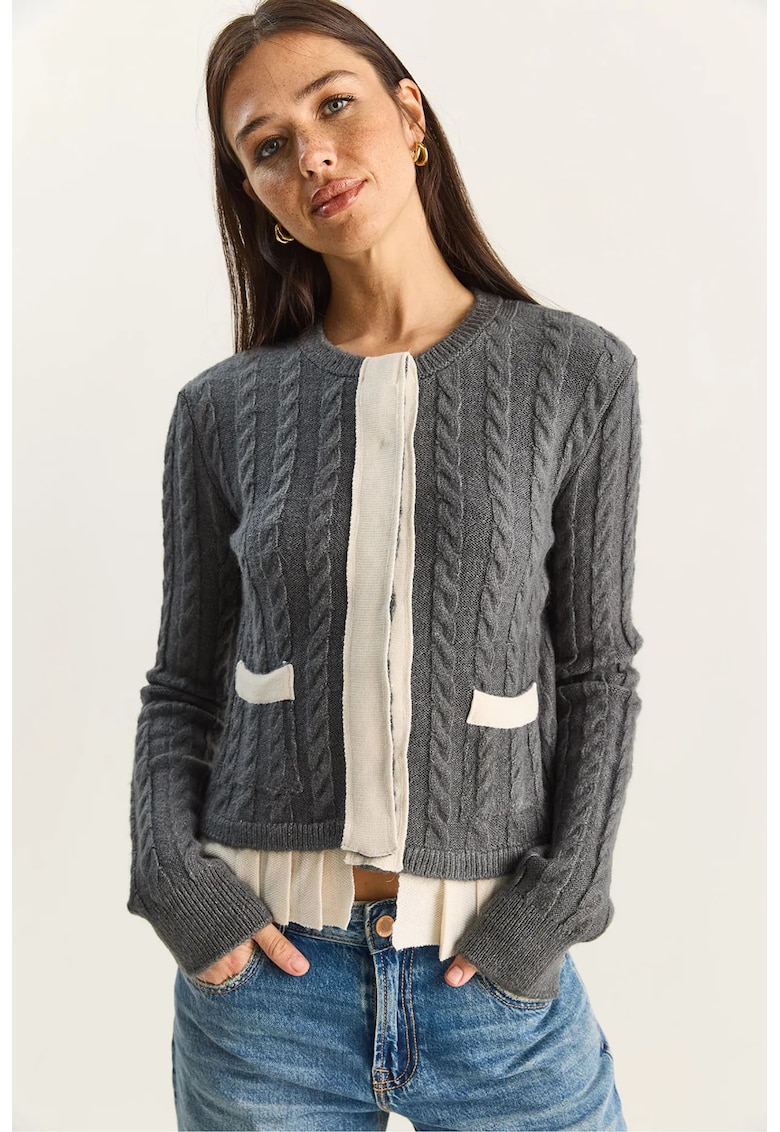 Pulover dama - cardigan tricotat - gri - tricot - One Size