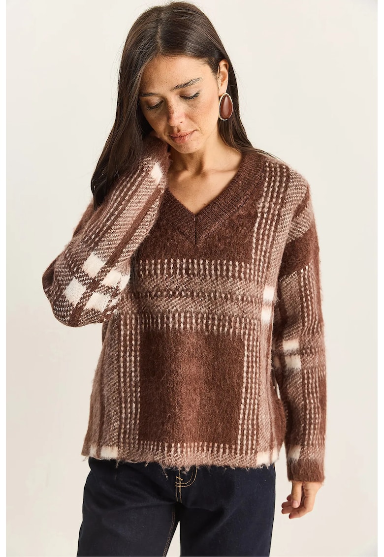 Pulover tricotat - decolteu in V - maneca lunga - natural - tricot - One Size