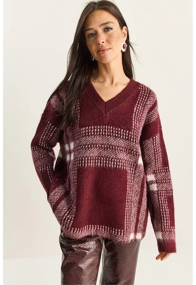 Pulover dama - tricotat - decolteu in V - maneci lungi - visiniu - One Size