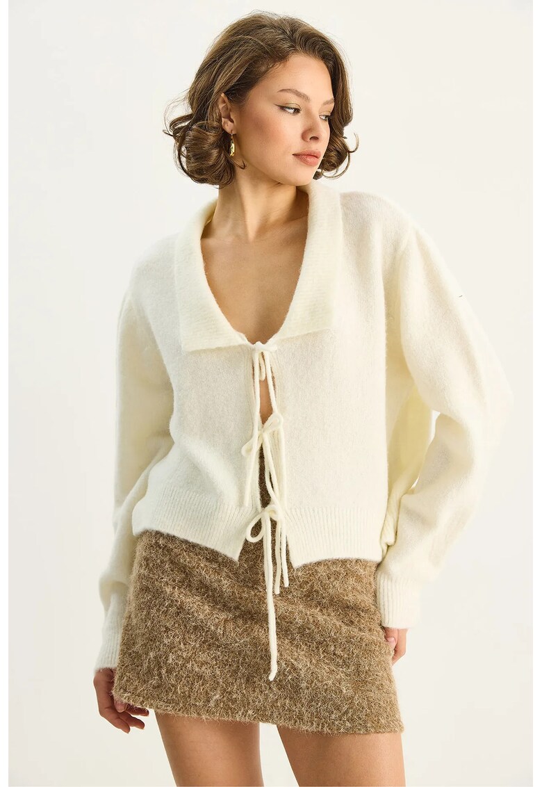 Cardigan lung - oversized - decolteu in V - bej - tricot - One Size