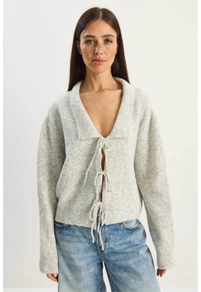 Cardigan oversized - decolteu in V - inchidere cu cordon - gri - tricot -