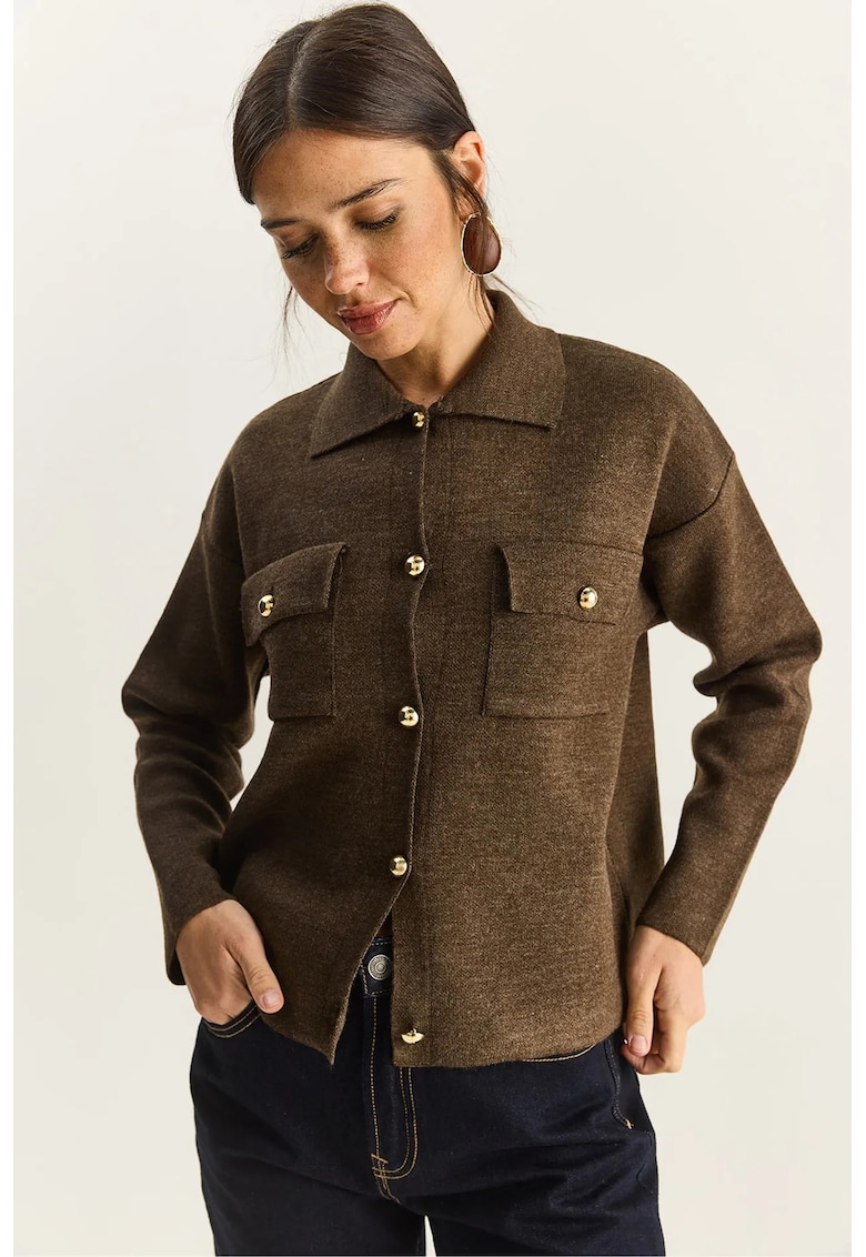 Cardigan cu guler polo - maro - tricot - One Size