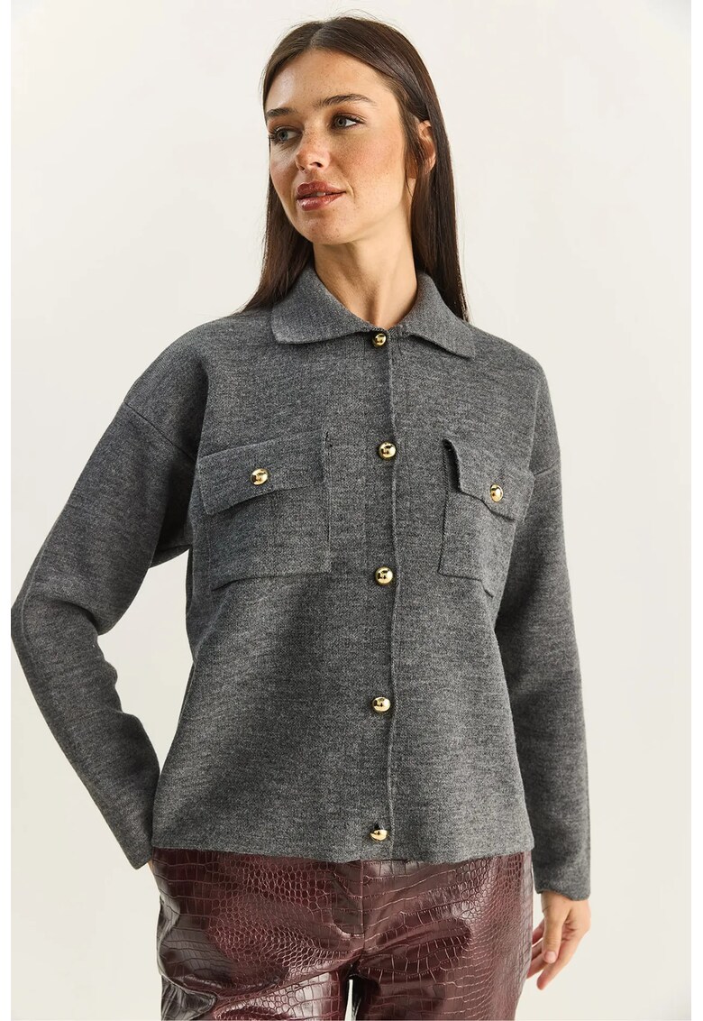 Cardigan - guler polo - gri - tricot - One Size