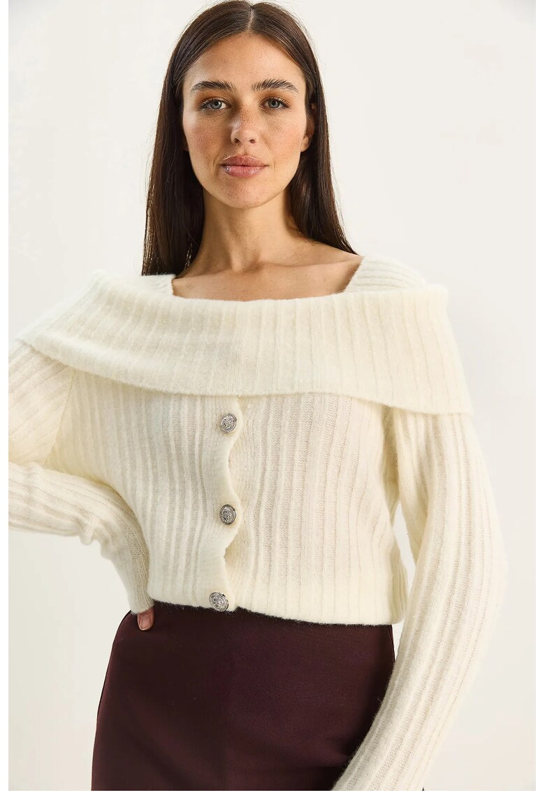 Pulover tricotat guler Madonna - nasturi - bej - tricot - One Size