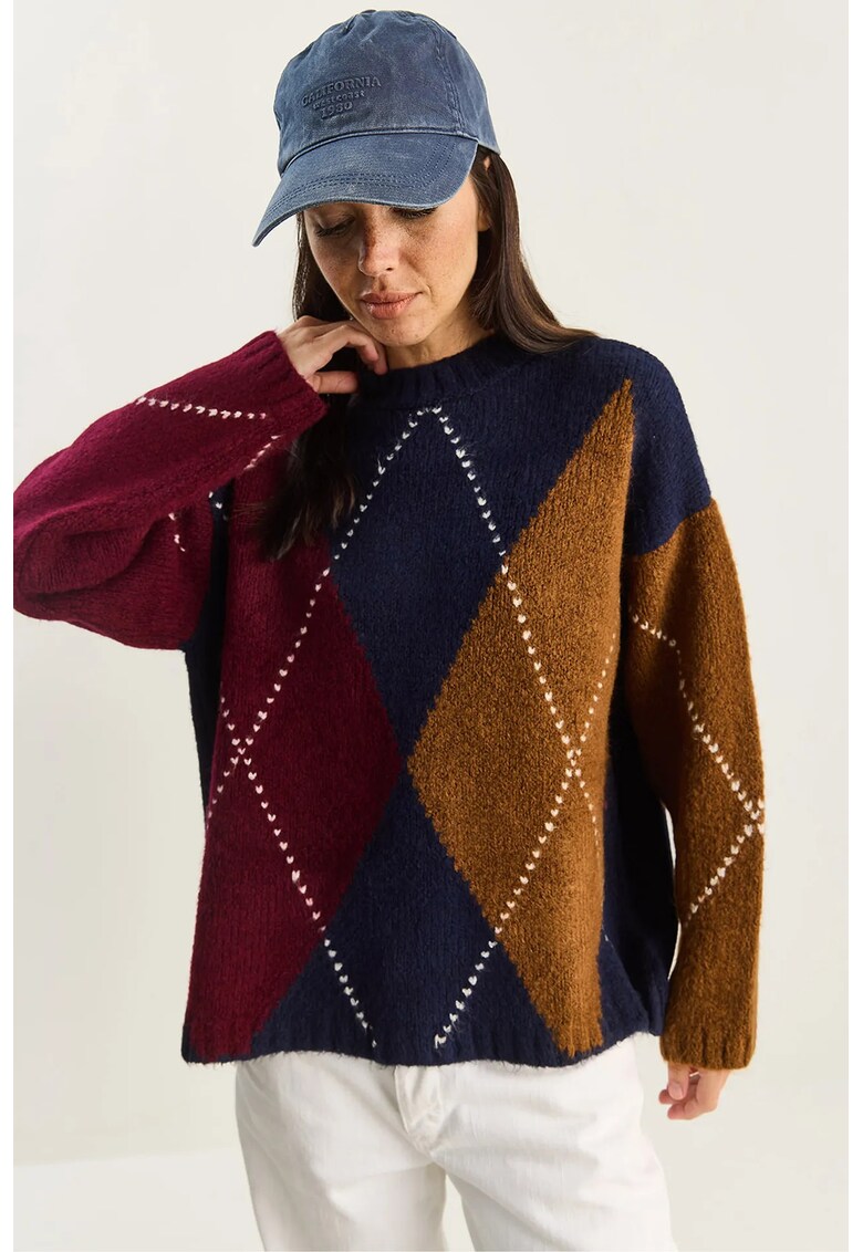 Pulover dama - supradimensionat - tricotat - multicolor - model diamant - One Size