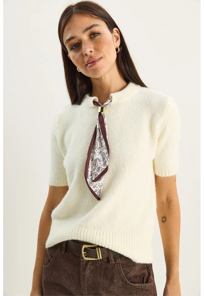 Pulover tricotat maneca scurta - guler rotund - bej - tricot - One Size