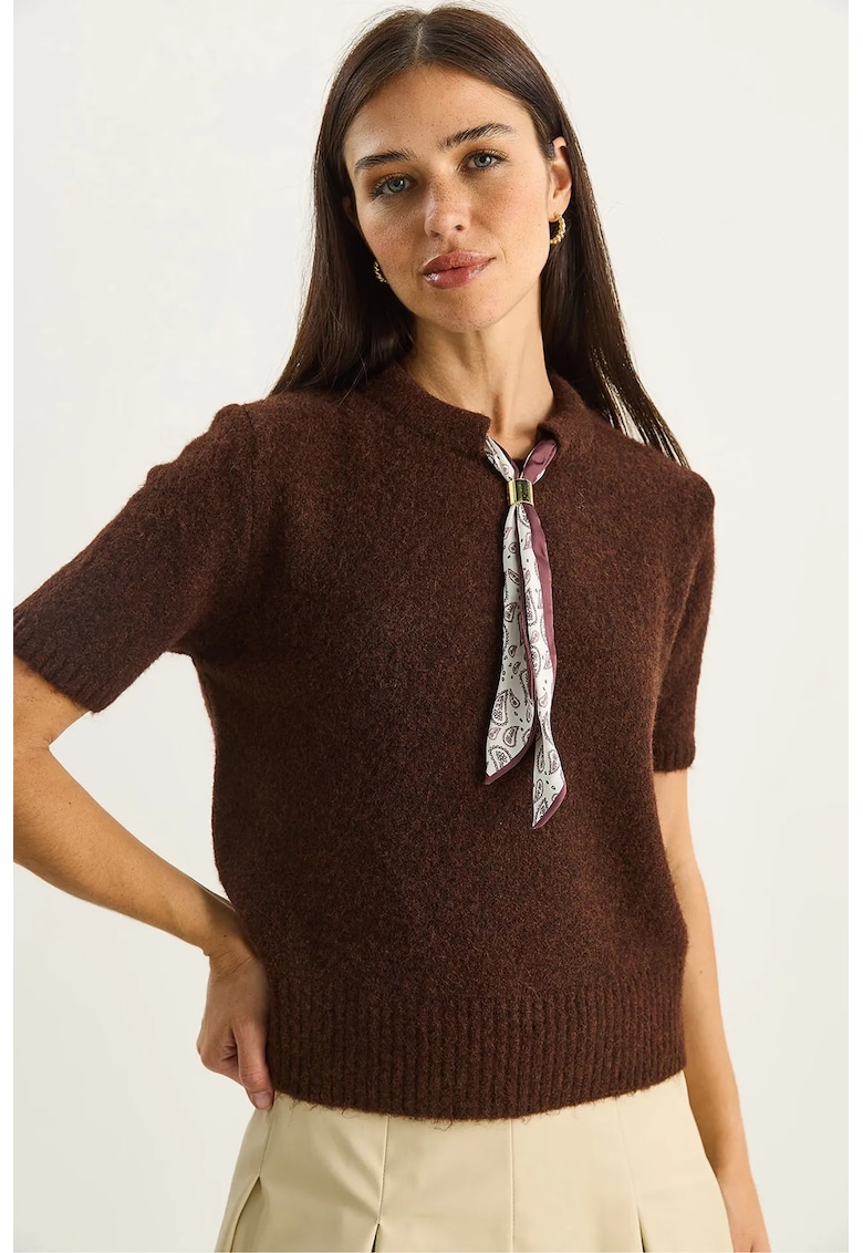 Pulover dama - tricotat - maneca scurta - maro - standard UNI -