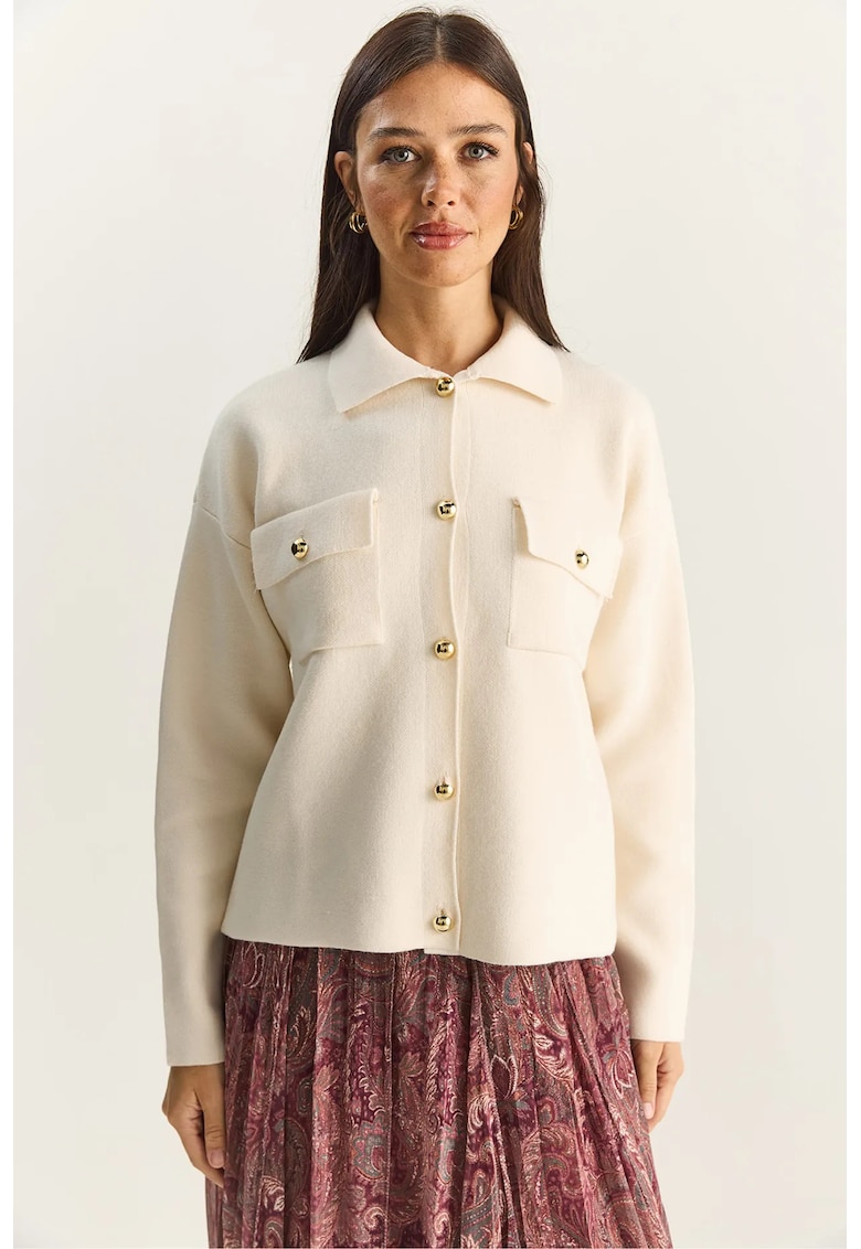 Cardigan dama - guler polo - bej - tricot - One Size