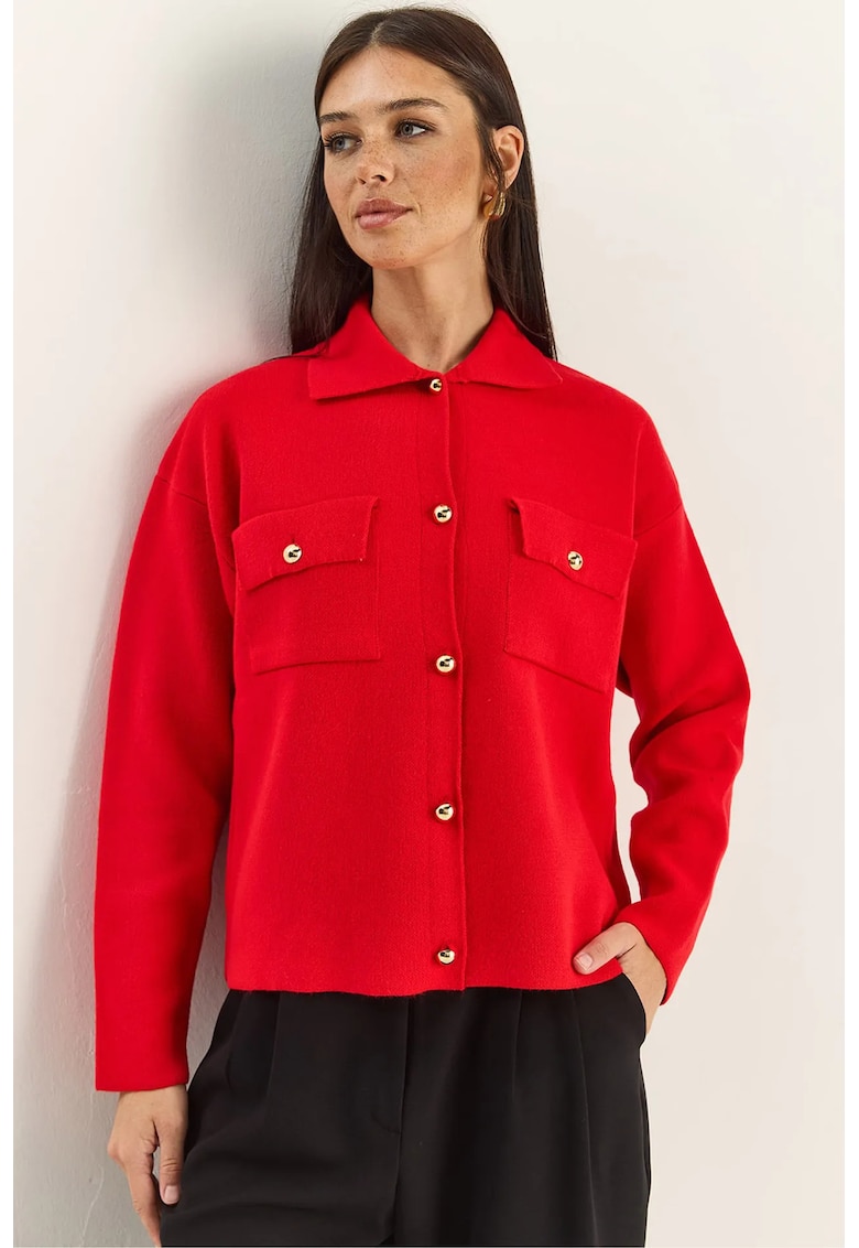 Cardigan dama - guler polo - rosu - tricot - One Size
