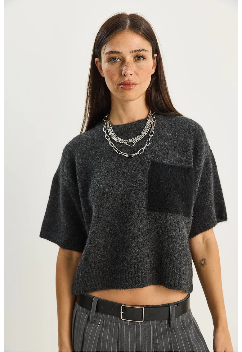 Pulover tricotat supradimensionat - gri - cu guler rotund si buzunar - One Size