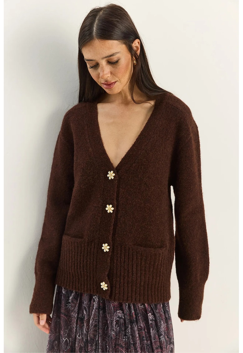 Pulover dama - cardigan cu decolteu in V - detalii nasturi - maro - tricot -