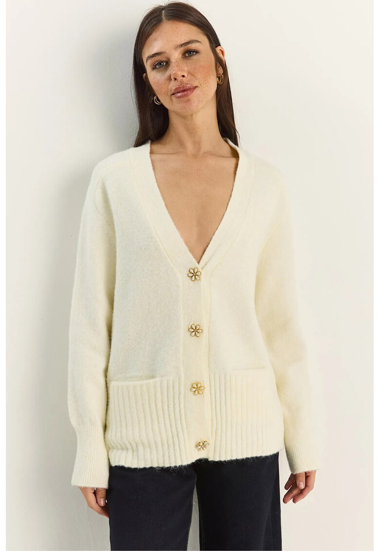 Pulover dama - cardigan cu decolteu in V - detalii nasturi - bej natural - tricot - One Size
