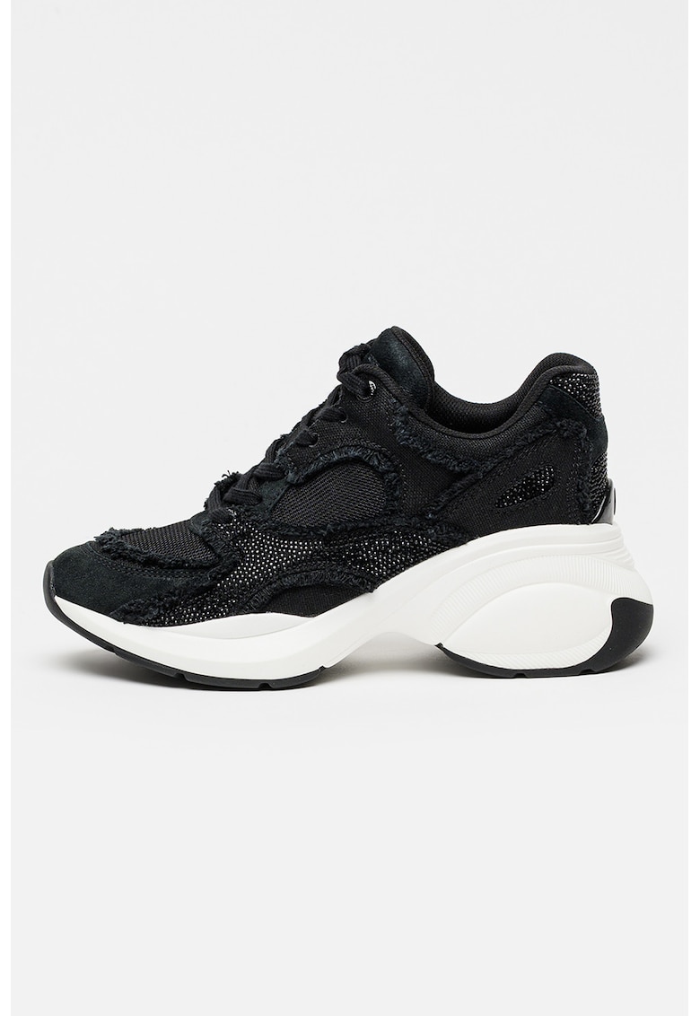 Pantofi sport wedge din material textil cu aplicatie din strasuri Zuma - Negru/Albastru petrol