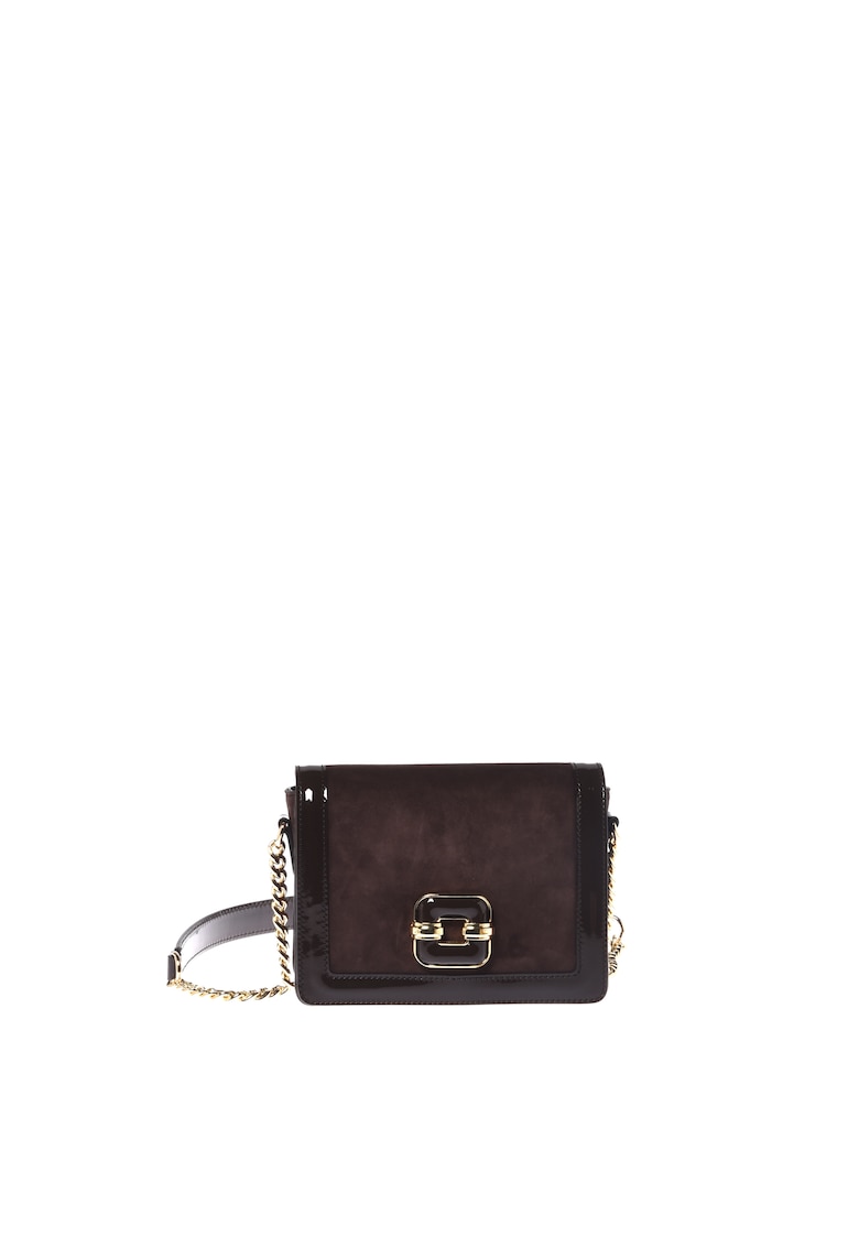 Geanta crossbody din piele intoarsa cu clapa si detaliu metalic - Maro inchis