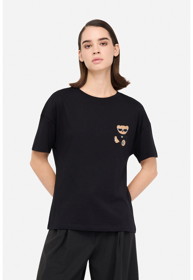 Tricou de bumbac cu broderie si strasuri - Negru