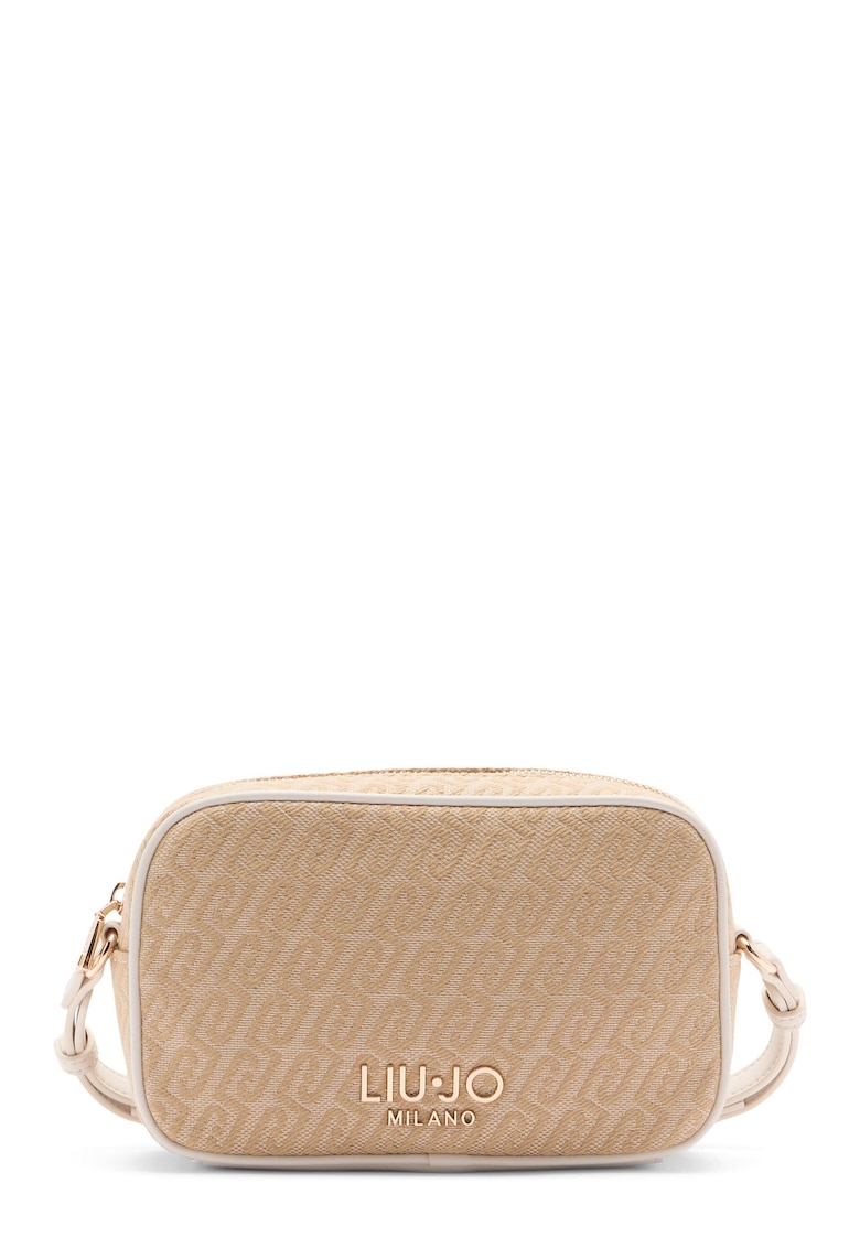 Geanta crossbody mica din material jacquard si logo - Bej/Crem