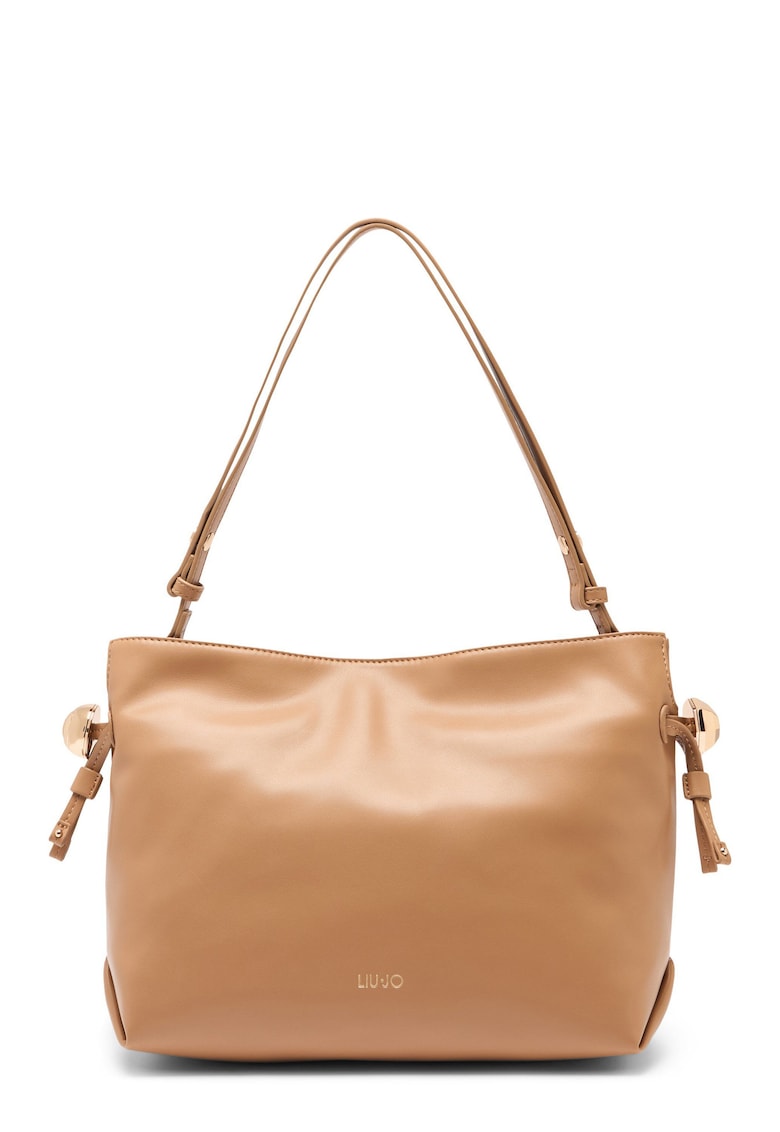 Geanta din piele ecologica cu bareta de umar si logo discret Medium Riccy - Caramel