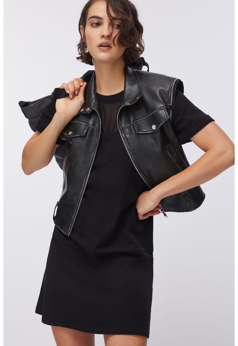 Rochie mini cu croiala dreapta si insertie din plasa - Negru