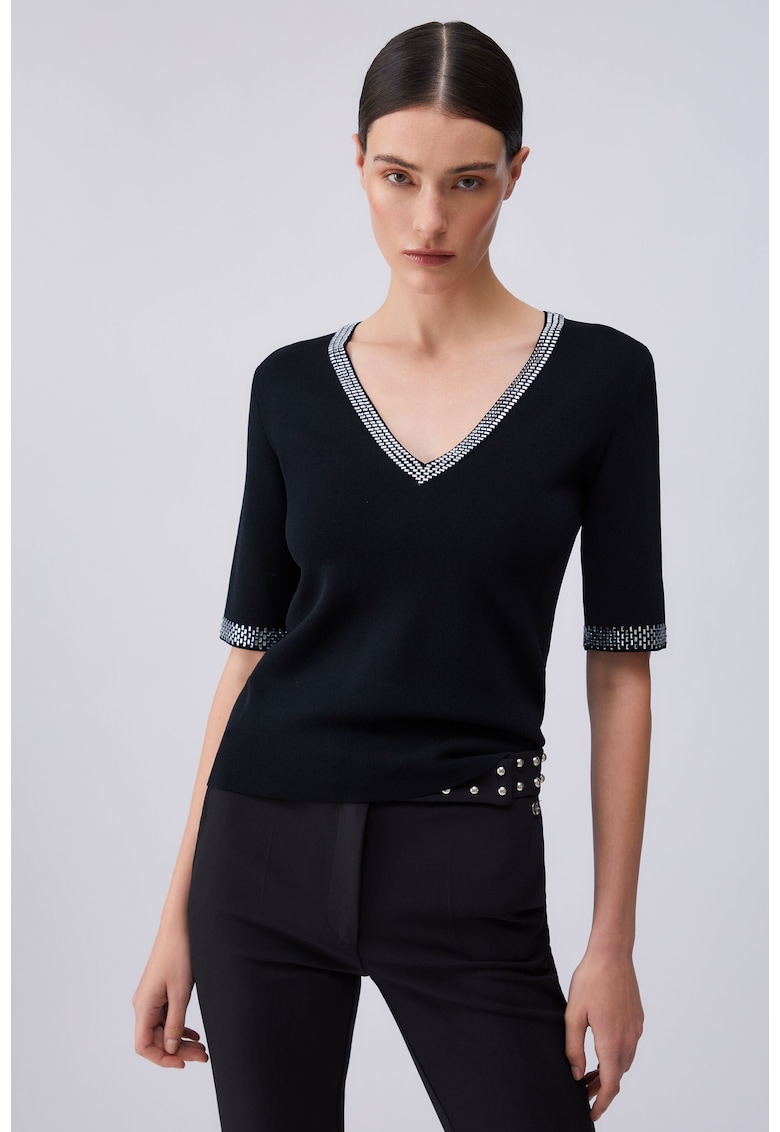 Tricou tricotat fin cu margele - Negru