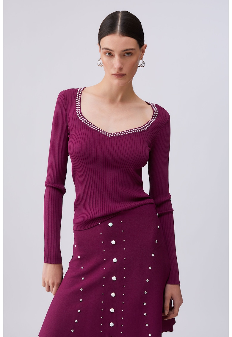 Pulover slim fit cu decolteu in V - Violet