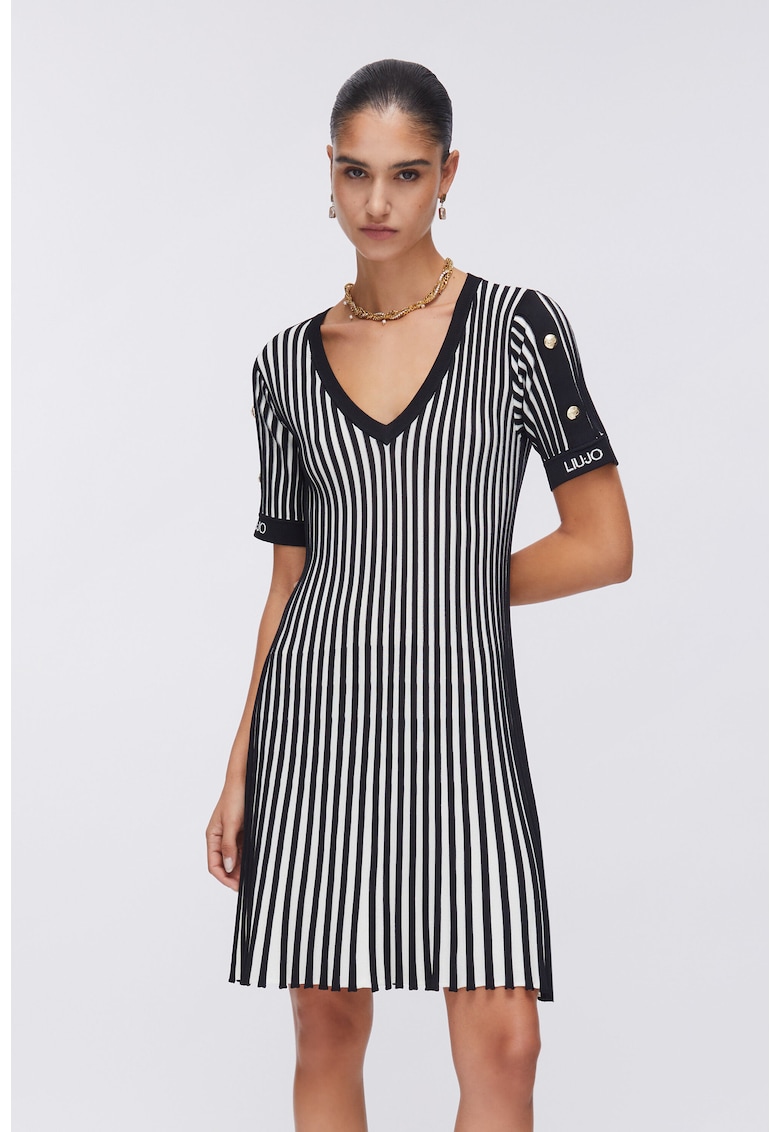 Rochie cu decolteu in V si model in dungi - Alb/Negru