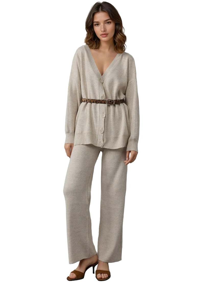 Set tricotat - cardigan cu decolteu in V - pantaloni largi - gri deschis -