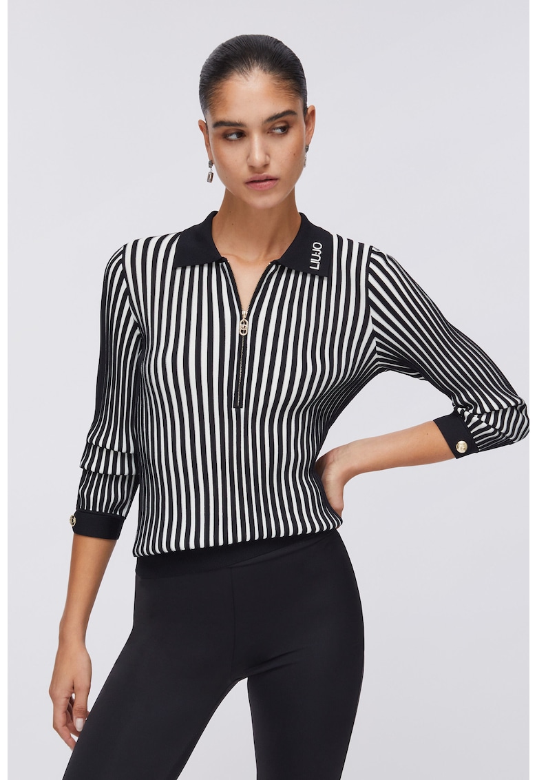 Pulover cu model in dungi si fenta cu fermoar - Alb/Negru