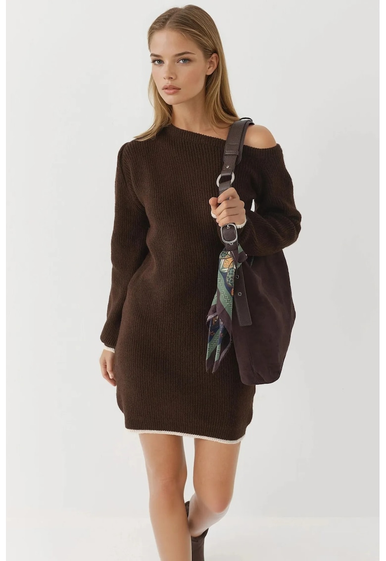 Rochie tricotata - guler asimetric - maro - tricot -