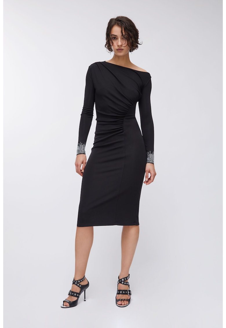 Rochie midi cambrata cu aplicatii cu mansete - Negru