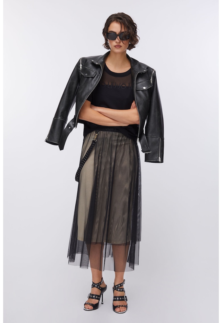 Fusta midi cu segmente din tul - Negru