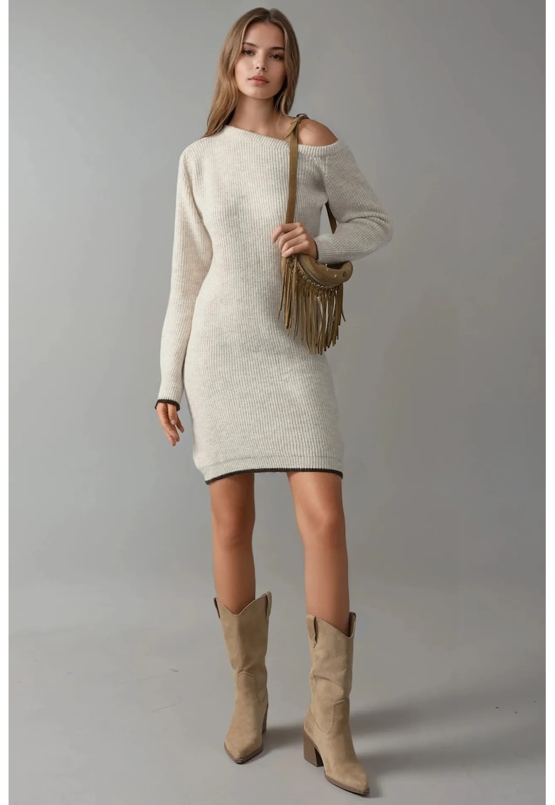 Rochie tricotata - guler asimetric - crem -