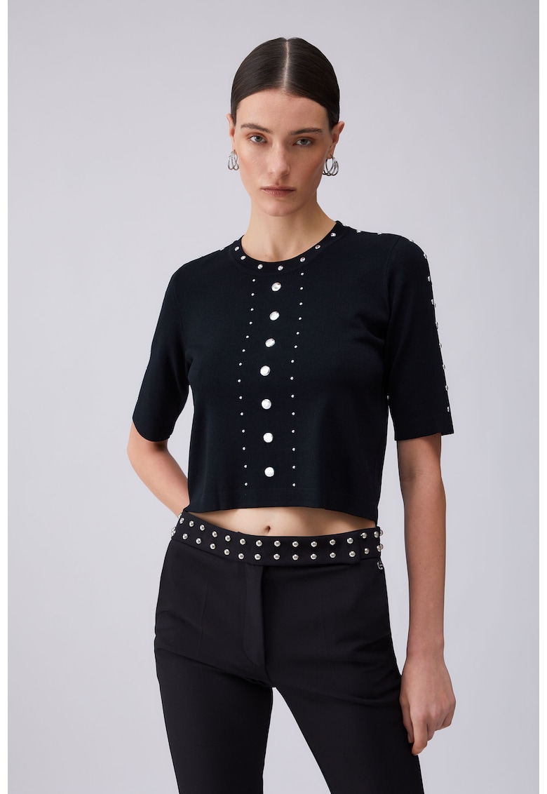 Tricou crop cu aplicatii cu nituri - Negru