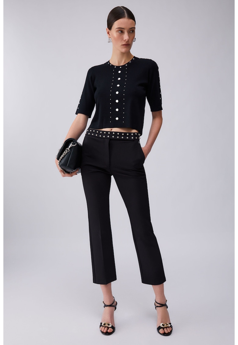 Pantaloni slim fit crop cu tinte in talie - Negru