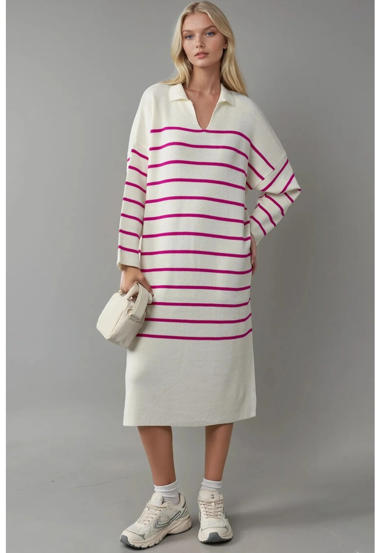 Rochie tricotata - cu dungi - midi - roz - alb -