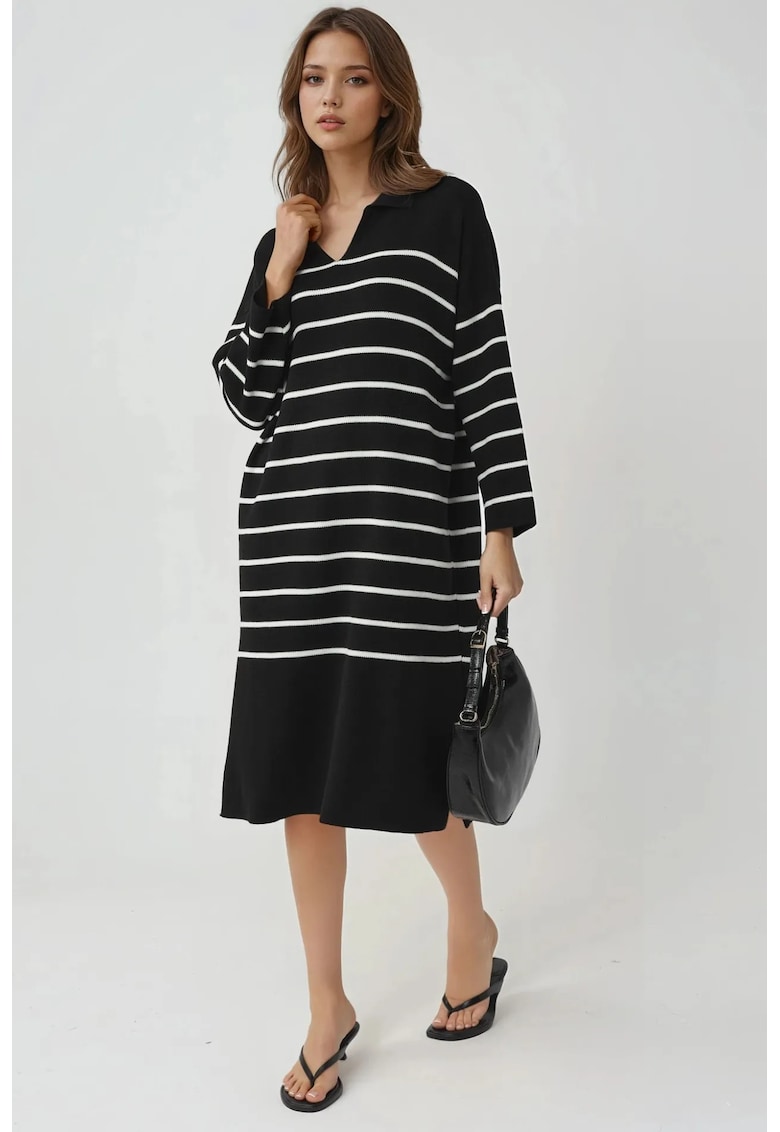 Rochie tricotata - cu dungi - decolteu in V - croiala lejera - negru - tricot -