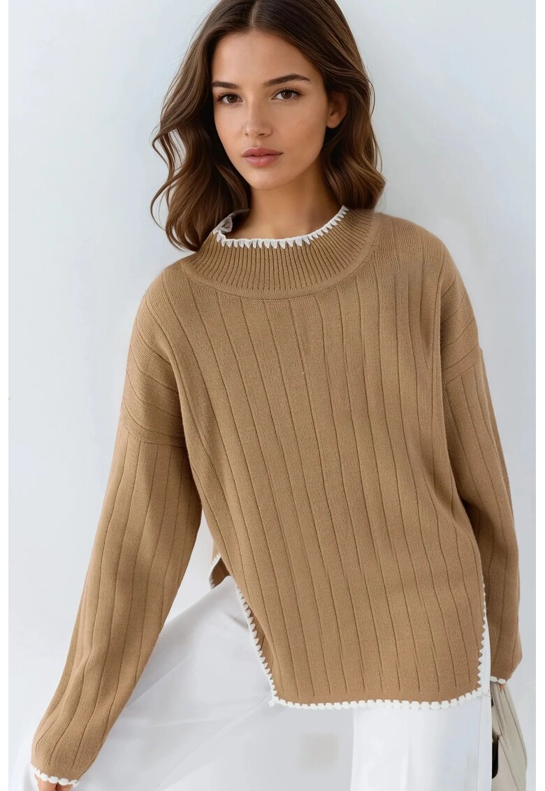 Pulover dama - supradimensionat - detalii cusute - maro - tricot - One Size