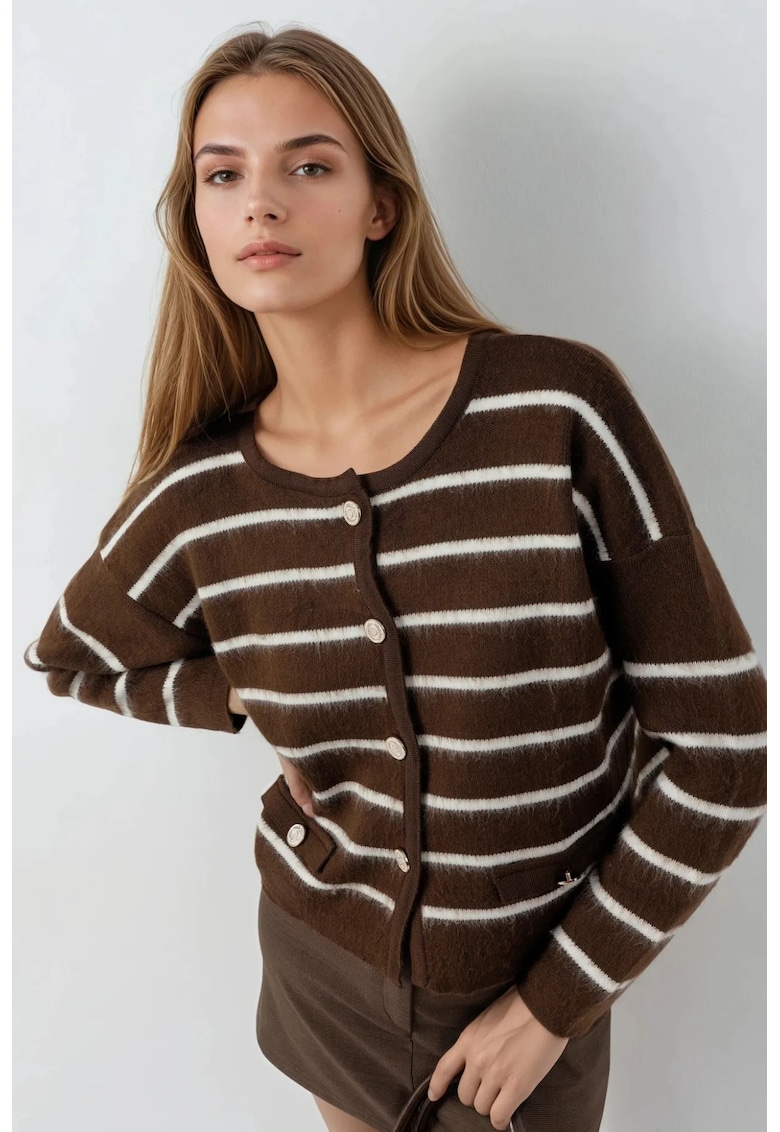 Cardigan tricotat cu dungi - inchidere cu nasturi - maro - acril - One Size