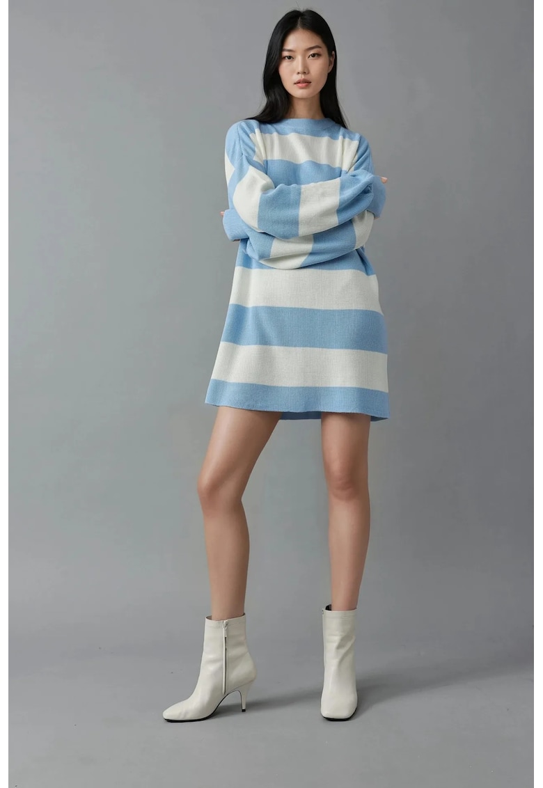 Rochii - Rochie mini cu dungi - guler rotund - Albastru - Tricot -