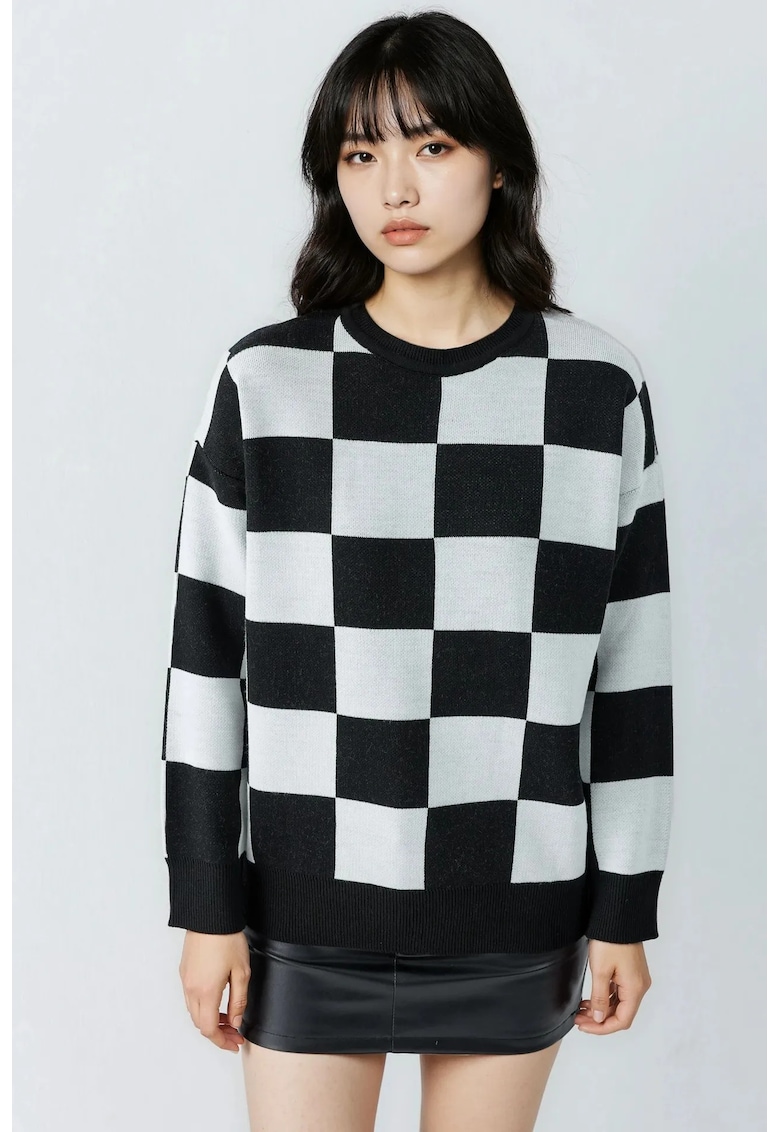 Pulover dama - tricotat - cu nervuri - imprimeu in carouri - negru - material tricot - One Size