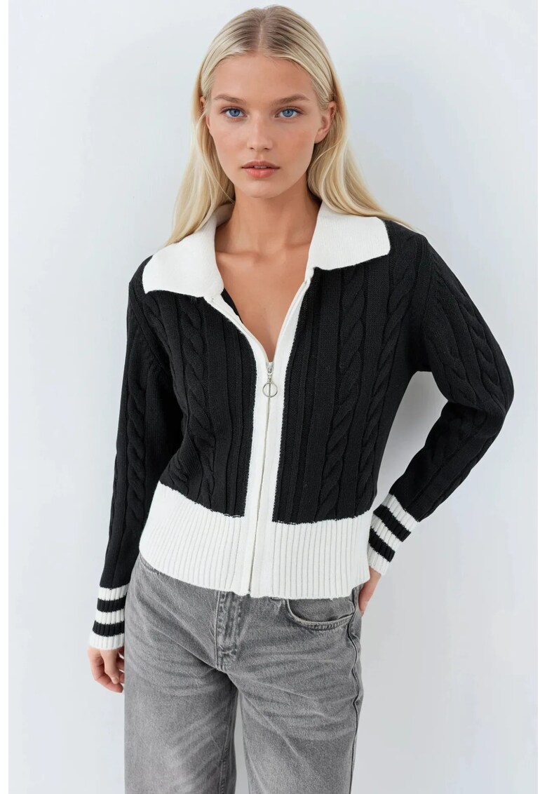 Pulover dama - cardigan cu guler polo si fermoar - negru - tricot - One Size