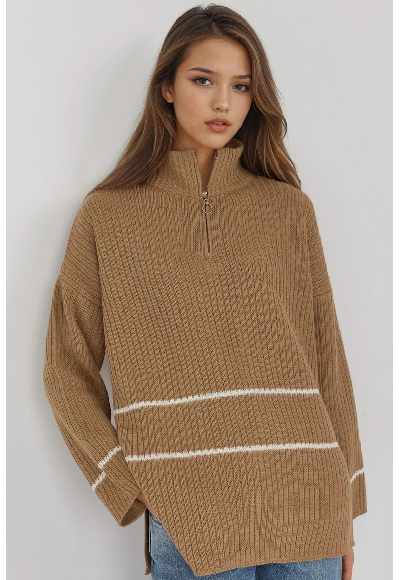 Pulover dama - tricotat cu nervuri - guler cu fermoar - maro -