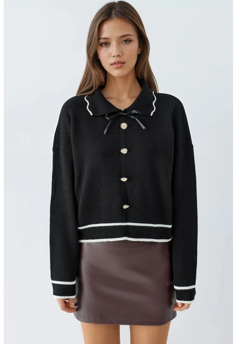 Pulover dama - tricotat - guler polo - detalii cu panglica - negru - tricot -