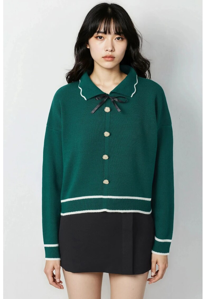 Pulovere dama - pulover tricotat - guler polo texturat - verde smarald - tricot - One Size