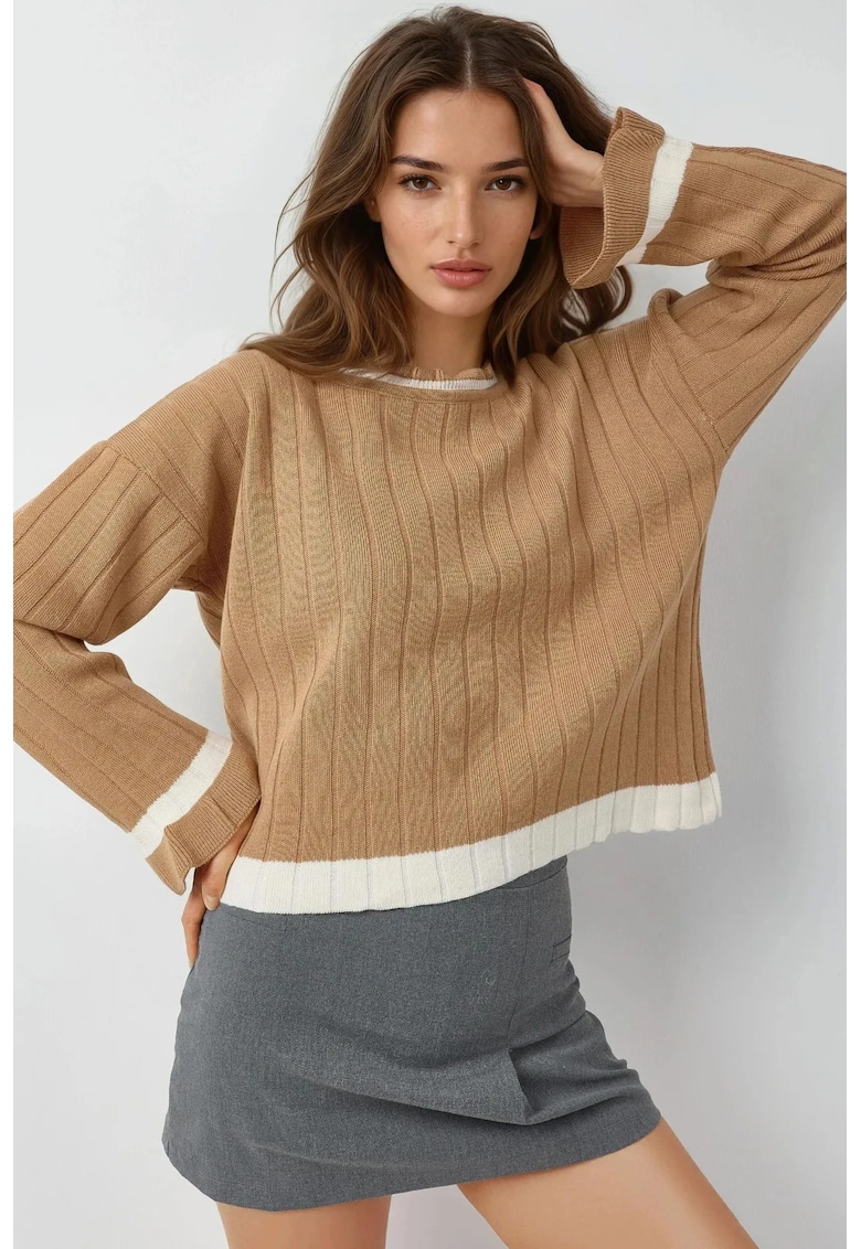 Pulover tricotat - dungi - guler rotund - maro - tricot -